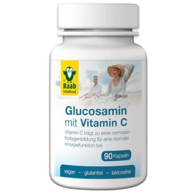 Obrázek Raab Vitalfood Glukosamin sulfát s přírodním vitamínem C; pro normální tvorbu chrupavky, 90 kapslí, veganský, bez lepku, 72 g