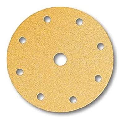 Obrázek Mirka Zlatý univerzální brusný papír Ø 150 mm suchý zip 9 otvorů, zrno P220, 100 ks/K broušení sádry, špachtle, dřevotřísky, dřeva, laku