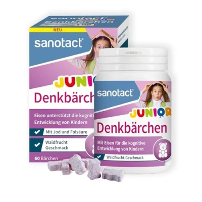 Obrázek sanotact Památníci Junior (60 pastilky) Se železem, kyselinou listovou a jódem Železné tablety pro kognitivní vývoj u dětí vitamíny děti chuť lesního ovoce