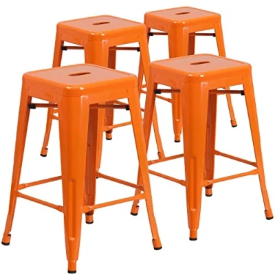 Obrázek Flash Furniture Barhocker, kommerzielle Qualität, 61 cm hoch, ohne Rückenlehne, Metall, für Innen und Außenbereich, Thekenhöhe, quadratische Sitzfläche, Kunststoff, Gummi, orange, 4 Stück
