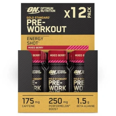 Obrázek Optimum Nutrition Gold Standard Pre Workout Energy Shot, připravený k pití s beta alaninem, kofeinem, PerforMelon Boost a vitaminem B6 B12, směs bobulí, balení 12 ks, x 60 ml