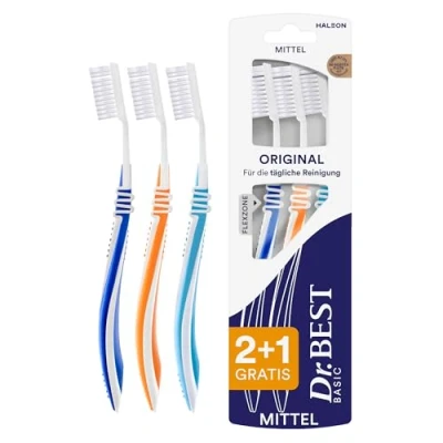 Obrázek Dr.BEST Originální zubní kartáček, střední, výhodné balení (2 kusy + 1 kus zdarma), pomáhá chránit dásně