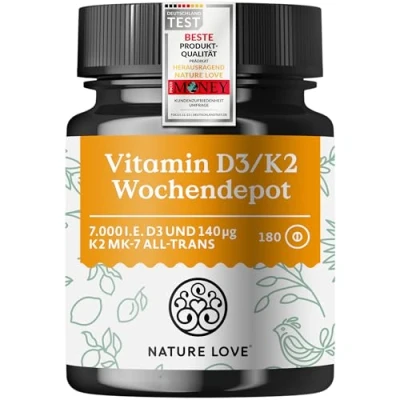 Obrázek Vitamín D3 K2 týdenní depot 180 veganských tablet 7000IE + 140µg v každé tabletě s &gt; 99,7 % all trans vysoké dávky a veganské laboratorně testováno, vyrobeno Německu
