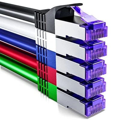 Obrázek deleyCON 5x 0,25m CAT7 síťový kabel 10 Gigabit krátký 25cm RJ45 patch Ethernet (měď, SFTP PiMF stínítko) LAN DSL Switch Modem Router Patchpanel CAT6 CAT5 barevný