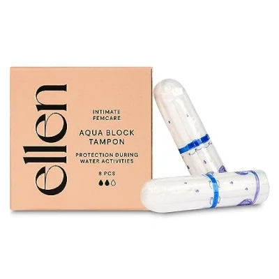 Obrázek Ellen Aqua Block Tampon pro koupání a plavání s vodotěsnou bariérou Zabraňuje průniku vody do břicha Normální tampony 8 kusů