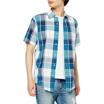 Obrázek Amazon Essentials Herren Kurzärmeliges Hemd aus Popeline, Normale Passform, Grünblau Weiß Großes Karo, S