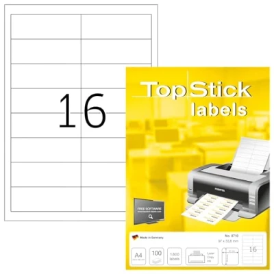 Obrázek TopStick 8710 univerzální etikety, 100 listů, 97 x 33,8 mm, 16 archů A4, 1600 kusů, samolepicí, s možností potisku, matné, prázdné papírové lepicí bílé