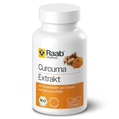 Obrázek Raab Vitalfood Kapsle s extraktem z bio kurkumy, 90 kapslí à 500 mg v balení, kurkumy se standardizovaným obsahem kurkuminoidů, piperin a kurkuma prášek, veganské