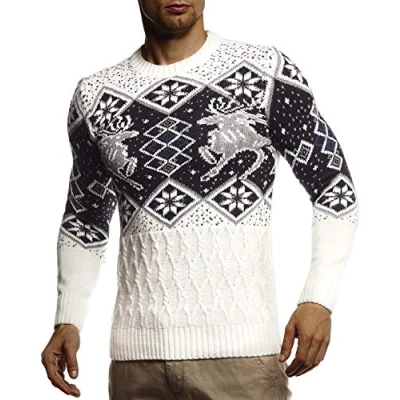 Obrázek Leif Nelson pánský pletený pulovr norský s kulatým límcem zimní svetr na Vánoce zimu vzor Slim Fit Crew Neck LN20761, Ecru