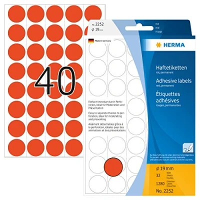 Obrázek HERMA 2252 bodové nálepky lepicí tečky, perforované červené, 1280 kusů, Ø 19 mm, 40 na arch, samolepicí, označovací body pro kalendář plánovací kalendář, matné, prázdné papírové barevné