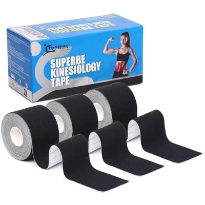 Obrázek SUPERBE kineziologická páska a fyziopáska (balení se 3 kolečky), pro lehkou atletiku, k úlevě od bolesti, uzdravení fyzioterapii, 5 cm x m (černá)