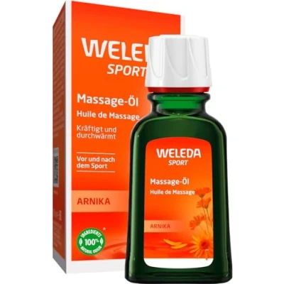 Obrázek WELEDA Bio Arnika Sport Masážní olej 50 ml veganský přírodní kosmetika péče o pokožku tělový chrání před bolestí svalů a napětím. Ideální jako sportovní příprava / regenerace s vůní po