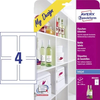 Obrázek AVERY Zweckform MD4001 etikety na lahve (120 x 90 mm DIN A4, samolepicí, potisknutelné nálepky pro skleněné plochy, inkoustová/inkoustová tiskárna) 20 etiket 5 listech, bílé