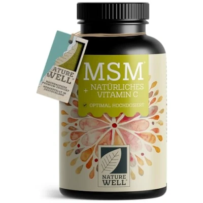 Obrázek MSM 2000 mg denně + přírodní vitamin C 365 tablety s methylsulfonylmethanem kompaktnější prášek než v kapslích 1000 jedné tabletě veganský a bez přísad NatureWell