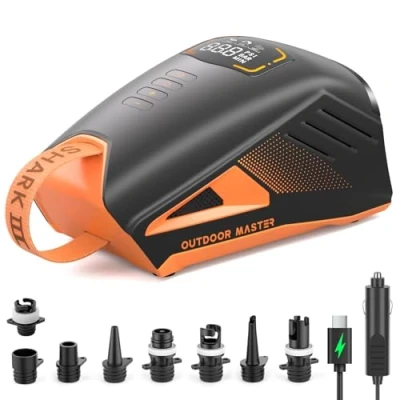 Obrázek OutdoorMaster Shark 3 Sup čerpadlo elektrické s akumulátorem 3&#039;50&quot; rychlé nafouknutí, 20PSI 74Wh vzduchová pumpa automatické vypnutí a vypouštění, 12 V/15,8 V DC &amp; vstup typu C, 8