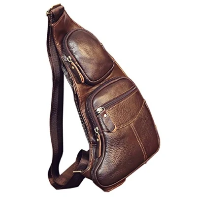 Obrázek Xieben Kožená taška přes rameno Sling náprsní kapsa Crossbody Pack pro muže a ženy, #01 káva, Vintage