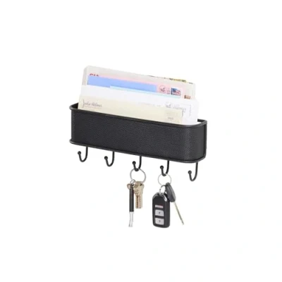 Obrázek iDesign corbeille à courrier, petit rangement mural en métal et plastique 5 crochets pour clés ou laisses, module de courrier post its, noir