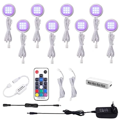 Obrázek AIBOO RGB LED osvětlení skříně, sada 8 ks, 12 V podhledové svítidlo, změna barvy s dálkovým ovládáním, stmívatelné vitríny, pro kuchyňských skříněk