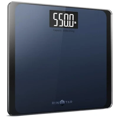 Obrázek RunSTAR Digitální osobní váha, vysoce přesné senzory, 8mm bezpečnostní sklo, nosnost až 250 kg, s extra velkou nášlapnou plochou a velkým LCD displejem, technologie Step on, modro černá
