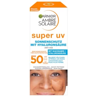 Obrázek Garnier Anti Aging Opalovací krém s LSF 50, ochrana proti slunci hyaluronem a vitaminem B vráskám suchu, Ambre Solaire, 1 x 50 ml