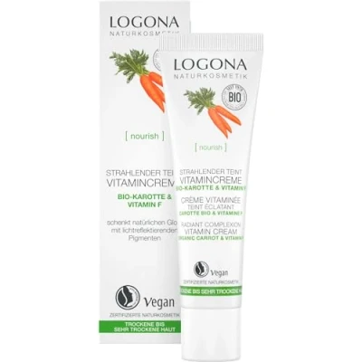 Obrázek bio zářivý pleťový vitamínový krém od LOGONA Naturkosmetik pro suchou až velmi pokožku s mrkví a vitaminem F, intenzivně vyživující zářivá pleť, přírodní &amp; veganská, 30 ml