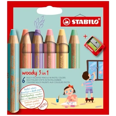 Obrázek Pastelky, vodní barvy a voskovky STABILO woody 3 v 1 balení po 6 ks s ořezávátkem různými pastelovými barvami