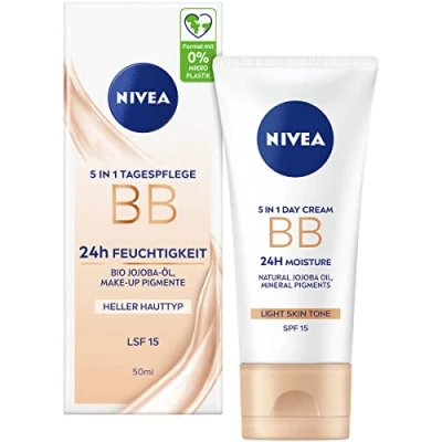 Obrázek NIVEA 5 IN 1 denní péče BB 24h vlhkost LSF 15, tónovaný krém pro světlé typy pleti, pleťový s jojobovým olejem bio a pigmenty na make up