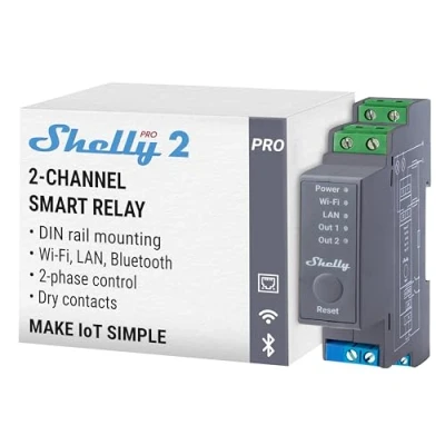 Obrázek Shelly Pro 2 LAN &amp; WLAN 2kanálové relé DIN lišty spínač 25 a bezpotenciálové kontakty Alexa Google Home iOS Android App ovládání světla dálkové rozdělovač vody