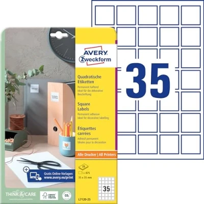Obrázek AVERY Zweckform L7120 25 Čtvercové etikety (875 lepicích etiket, 35 x mm na A4, QR kód nálepka k potisku, samolepicí, permanentně přilnavé Kód) listů, bílá