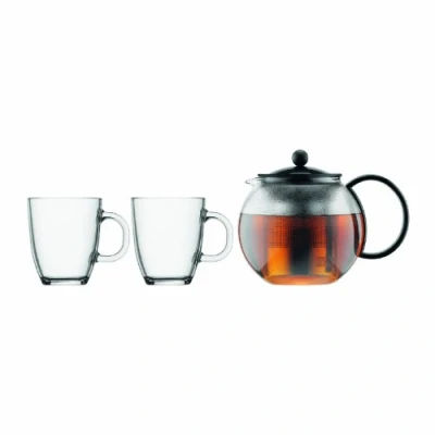 Obrázek Bodum K1805 01 Assam sada, čaj přípravu s Litinový Filtr 1 l A 2 kusy šálek, sklo, 0,35 l, černá