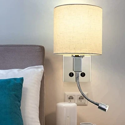 Obrázek ZMH LED nástěnná lampa s vypínačem nástěnné svítidlo uvnitř lampička na čtení ložnice látkové stínidlo otočné do postele flexibilním světlem, látka postel,