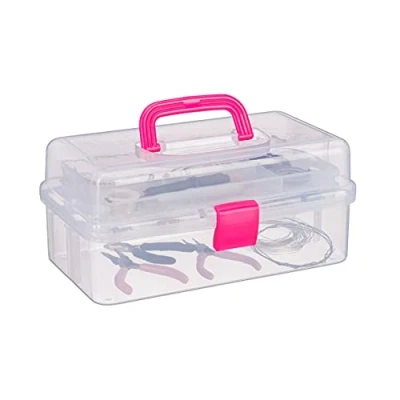 Obrázek Relaxdays Průhledný plastový box, 9 přihrádek, box na nářadí, šicí kufr V x Š H 14 33 19 cm, růžový