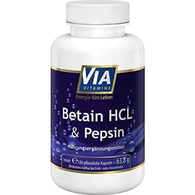 Obrázek Betain HCL + Pepsin 120 veganských kapslí, 1700 mg betainu HCL, vysoké dávky, vyrobeno v Německu