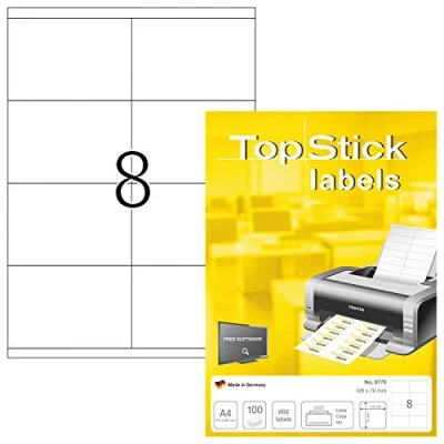 Obrázek TopStick 8770 univerzální etikety, 100 listů, 105 x 70 mm, 8 na arch A4, 800 kusů, samolepicí, potisknutelné, matné, prázdné papírové lepicí etikety samolepky, bílé