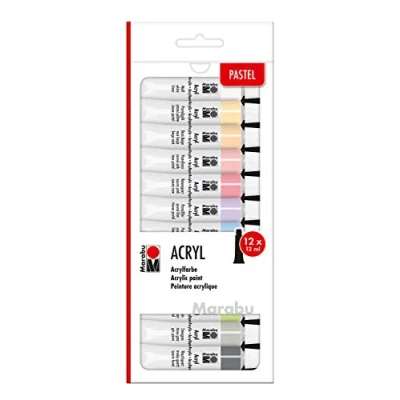 Obrázek Marabu 1210000000210 Acrylfarbenset mit 12 Pastellfarben á ml, deckende, matt glänzende Acrylfarben auf Wasserbasis, für Keilrahmen, Malkarton, Papier und Holz geeignet, schnell trocknend