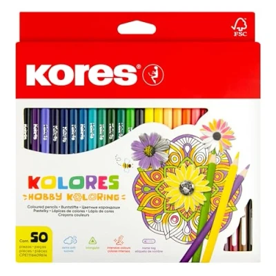 Obrázek Kores Colores: 50 barevných tužek pro děti, začátečníky a dospělé s měkkou náplní trojúhelníkovým tvarem, sada vybraných barev