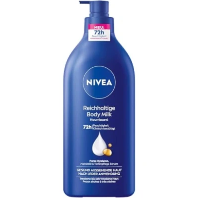 Obrázek NIVEA Vydatné tělové mléko, intenzivně pečující tělový krém s čistou hyaluronem, mandlovým olejem a hloubkovou péčí sérum, mléko pro suchou pokožku (625 ml)