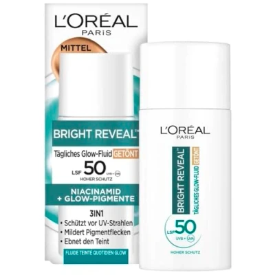Obrázek L&#039;Oréal Denní tónované UV Glow Fluid LSF 50, Niacinamid + Pigmentte, barva: Střední, Bright Reveal, 1 x 50 ml