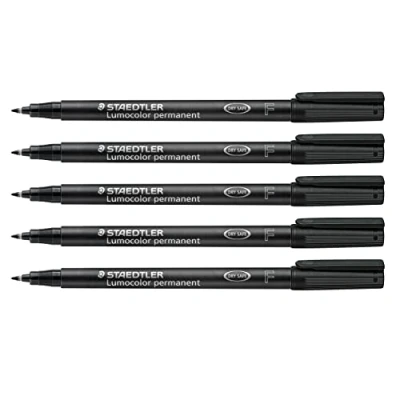 Obrázek Staedtler Fóliové pero Lumocolor permanentní, odolné proti rozmazání a vodě na téměř všech plochách, šířka čáry F 0,6 mm, plnitelná, dlouhá životnost, 5 černých univerzálních tužek, 318 9X