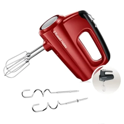 Obrázek Russell Hobbs Ruční mixér [ruční mixér] Desire červená (5 rychlostních stupňů + funkce turbo, 2 míchací metly vhodné do myčky a hnětací háky, tlačítko vyhazování, svislá parkovací poloha) šlehač
