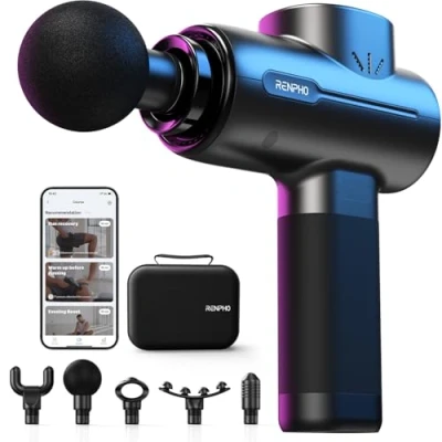 Obrázek masážní pistole s Bluetooth, RENPHO pro hluboké tkáně, perkuse svalová uvolnění svalů, výkonný přenosný přístroj LED dotykovým displejem, nejlepší dárek