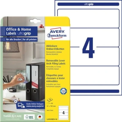 Obrázek AVERY Zweckform Etikety na hřbety pořadačů L4761REV 10 (40 štítků s ultra rukojetí, 61 x 192 mm A4, znovu odstranitelné, široké/krátké, samolepicí, neprůhledné, potištěné nálepky) listů, bílé