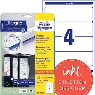Obrázek AVERY Zweckform L6061REV 20 etikety na hřbetu pořadačů (120 štítků s ultragripem, 59 x 192 mm A4, opětovně odstranitelné, široké/krátké, samolepicí, neprůhledné, potiskovatelné nálepky) 30 listů, bílá