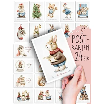 Obrázek vánoční pohlednice, 24 kusů pohlednic, zvířecí krásné, Boho dekorace, design, ilustrace, roztomilé Vánoce, xmas, sada, mix, dárek, dárkové karty