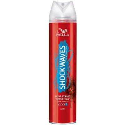 Obrázek WELLA SHOCKWAVES ultra STRONG POWER HOLD lak na vlasy stylingový sprej pro až 24 h silné držení s vlhkostí a UV ochranou 250 ml