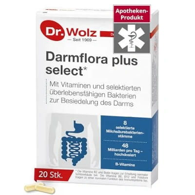 Obrázek Dr. Wolz Střevní mikroflóra plus select vysoce koncentrované bakteriální kultury 48 mld/den vitamín B6 a B12, podporuje zdravé sliznice 8 bakterií mléčného kvašení Vegan 20 kapslí