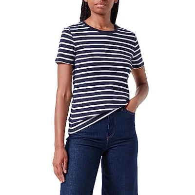 Obrázek Tommy Hilfiger Damen T Shirt Kurzarm Slim Cody Rib C Neck Fit, Mehrfarbig (Breton Desert Sky/Ecru), M
