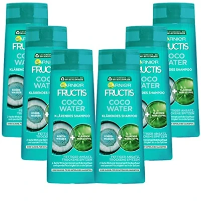 Obrázek Garnier Čisticí šampon proti mastné vlasové kořínky a suchým konečkům, s kokosovou vodou pro silné vlasy, Fructis Coco Water, 6 x 250 ml
