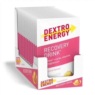 Obrázek DEXTRO ENERGY RECOVERY DRINK TROPICAL 14 x 44,5 g (14 kusů), elektrolytický prášek s hořčíkem, vitamin E, C, B1, B2, B3, B6, B12, kyselina listová, pantotenová, 3:1 směs sacharidů proteinů,