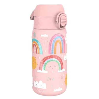 Obrázek ION8 Dětská láhev na pití, ušlechtilá ocel, lehká 400 ml, neizolovaná, zabezpečená proti protékání, otvor jednou rukou, bezpečné zamykání, lze mýt v myčce, sklopné víčko, držadlo, snadné čištění, duha
